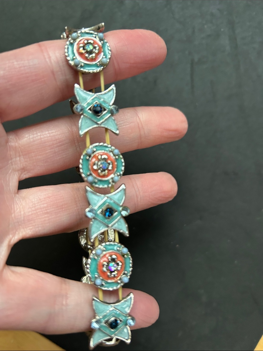 Art Deco styleTurquoise and Coral Enamel Link Bracelet - Picture 3 of 3